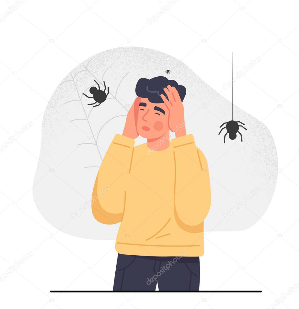 Irrational fears concept. Young guy looks at spiders in fear. Phobias and mental weaknesses. Fantasy and imagination. Manra in dirty room and insecure person. Cartoon flat vector illustration