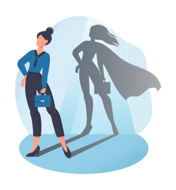 Güçlü bir iş kadını. Kız süper kahramanın, çalışanın ya da patronun gölgesinde duruyor. Feminizm ve kadınların gücü, eşit haklar. Bavulla başarılı bir girişimci. Çizgi film düz vektör çizimi