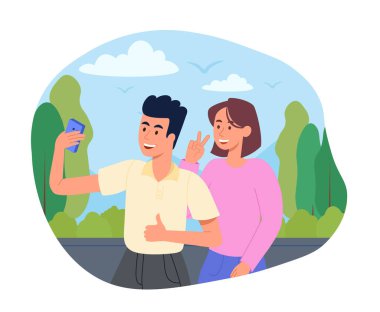 Çift selfie çeker. Erkek ve kız doğada, romantik randevuda, hafızada ve sosyal ağlarda bir çift. Blog yazarları tatilde, turistler başka bir ülkede, popüler biri. Çizgi film düz vektör çizimi