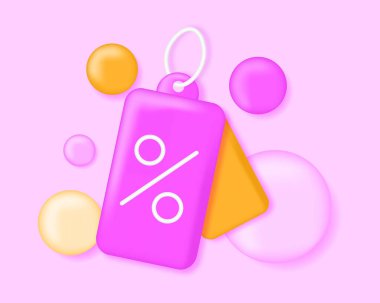 3D indirim kuponu. Sayfa simgeleri, düzenli müşteriler için özel teklifler ve kadınlar için indirimler. İnternet sitesi için pazarlama ve reklam afişi. Karikatür izometrik vektör çizimi