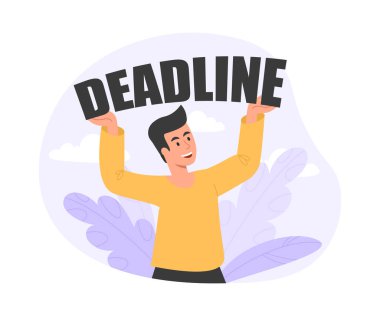 Teslim tarihi kavramı. Mesaj tutan genç adam, hatırlatma uygulamaları için bir simge. Zaman yönetimi, çalışanlar projeyi gerçekleştirir. Poster ya da afiş, tembel işçiler için motivasyon. Çizgi film düz vektör çizimi