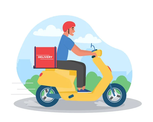 エクスプレス配信コンセプト 若い男は箱 現代技術およびオンライン ショッピングが付いているスクーターに乗ります 商品や物流 高速道路の宅配 グローバル化を提供しています 漫画フラットベクターイラスト — ストックベクタ