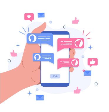Sohbet kavramı. Sosyal ağlar ve anlık haberciler, modern teknolojiler ve internet iletişimi. Mesajlaşma ve uygulama arayüzü, akıllı telefon. Çizgi film düz vektör çizimi