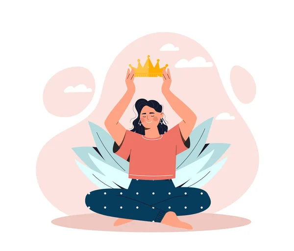 Woman Wears Crown Metaphor Self Love Mental Health Care Lotus — Stock Vector