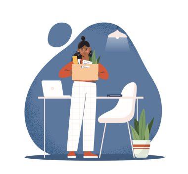 İşten çıkarma kavramı. Üzgün kız eşyalarını kutuda topluyor, çalışanı ofisinde. Kitaplı, klasörlü ve belgeli karakter. Yeni bir iş arıyorum, sahipsiz bir uzman. Çizgi film düz vektör çizimi