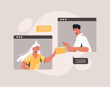 Meslektaşlar materyalleri paylaşıyor. Kız ve erkek bilgi alışverişinde bulunuyor. Dosyaları teslim eden kadın, web sitesi, tarayıcı, dijital dünya ve sosyal ağlar için grafik öğeleri. Çizgi film düz vektör çizimi