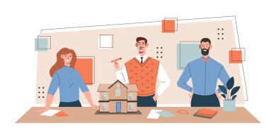 Mimarlar takımı. Erkekler ve kızlar yerleşim planlarını, binaları düşünüyorlar. Emlak ve şehir manzarası, tasarım. Mimar, kağıt modelini, minyatür dış görünüşünü sunar. Çizgi film düz vektör çizimi