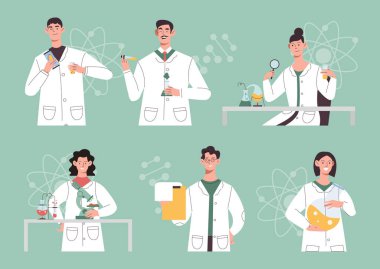 Bir grup bilim adamı. Bilimsel önlüklü erkekler ve kızlar kimyager ya da biyolog koleksiyonu gibi maddelerle deneyler yapıyorlar. Yeşil arkaplanda izole edilmiş çizgi film düz vektör çizimleri