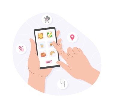 İnternetten sipariş vermek. Modern teknolojiler ve online alışveriş. İnternetten alışveriş ve ev teslimatı. Yemek, restoran ve kafeler. Teslimat hizmeti başvurusu. Çizgi film düz vektör çizimi