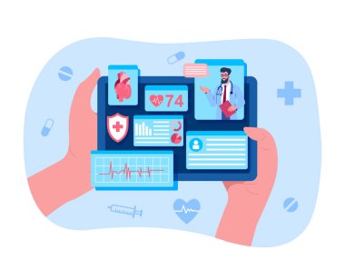 Çevrimiçi kardiyolog danışmanlığı. Kullanışlı arayüz, veri. Uzman doktordan tavsiye, teşhis ve tedavi yöntemi seçimi, uzaktan sağlık kontrolü. Çizgi film düz vektör çizimi