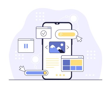 Mobil UI, UX geliştirme. Arayüz ve tasarım, çevrimiçi sayfa için kodlama. Modern teknolojiler, internet ve dijital dünya. Serbest çalışma, web tasarımı ve programlama. Çizgi film düz vektör çizimi