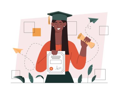 Akademik diploma konsepti. Kız öğrenci diplomayla gülümsüyor, kız üniversiteden mezun olup kutlama yapıyor. Genç uzman mezun, yetenekli profesyonel. Çizgi film düz vektör çizimi