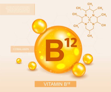 B12 vitamini konsepti. Vücut tarafından kolayca emilen sağlıklı yağlar. Optimal denge, doğal ürünler ve tabletlerdeki özel takviyeler. Sağlık ve diyet. Karikatür izometrik vektör çizimi
