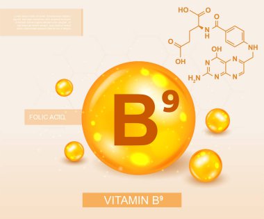 B9 vitamini konsepti. Organik ve doğal ürünlerin bileşenleri, madde düzenlemesi için özel tıbbi takviyeler. Bir damla sıvı, kullanışlı elementler. Karikatür izometrik vektör çizimi
