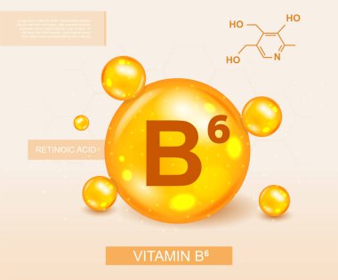 B6 vitamini konsepti. Sağlıklı yaşam tarzı, sporcular için özel takviyeler, kullanışlı elementler. Doğal ve organik ürünlerin bileşimi, fitness ve diyet. Karikatür izometrik vektör çizimi