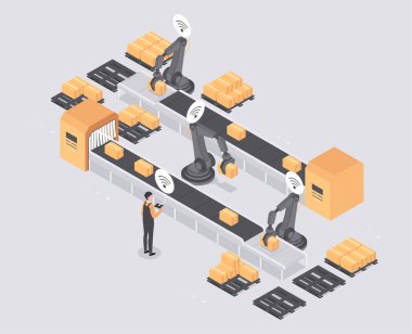 Akıllı endüstri konsepti. Üretimin otomasyonu ve modern teknolojiler. Fabrika ve taşıyıcı. Depo çalışanı kutuda, lojistikte ve uzaktan kumandayla eşyaları ayırıyor. İzometrik vektör illüstrasyonu