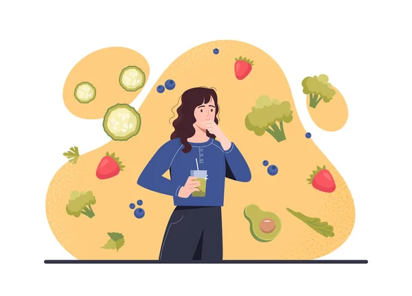 女孩与绿色的冰沙 女人站在那里 手里拿着饮料 吃着健康的食物 天然和有机食品的鸡尾酒 蔬菜和水果 有用的维生素 卡通平面矢量插图 — 图库矢量图片