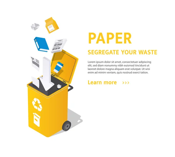 Clasificación Residuos Papel Documento Carpeta Caen Contenedores Basura Reciclando Protegiendo — Vector de stock