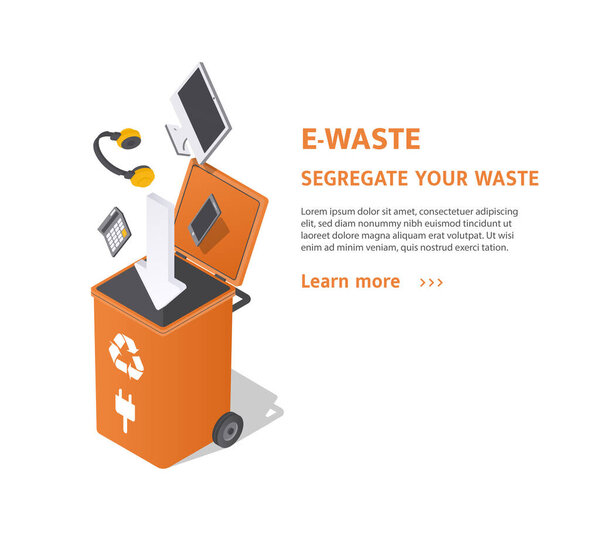 Sorting e waste. Caring for nature and proper trashdisposal. Stylish design for landing page, card with tips. Electrical appliances, device, smartphone, computer. Cartoon isometric vector illustration