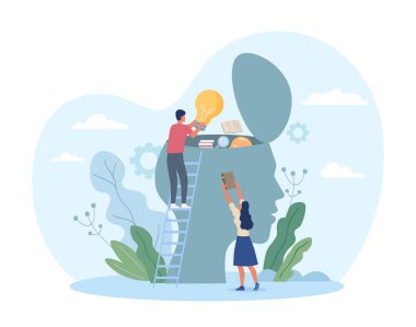 İnsan kafası konsepti. Kız ve erkek bilgiyi değerlendirir. Karakterler siluetin içeriğini inceler. Psikoloji ve beyin çalışmaları metaforu. Eğitim ve öğrenim. Çizgi film düz vektör çizimi