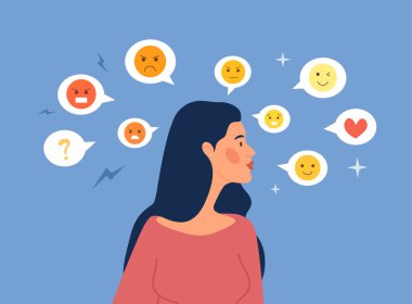 Ruh hali değişikliği konsepti. Çevresi emoji ile çevrili genç bir kız, sosyal ağlar için ikonlar. Kadınların hormonları ve ruh hali değişiklikleri var. Neşe ve üzüntü, huzur ve öfke. Çizgi film düz vektör çizimi