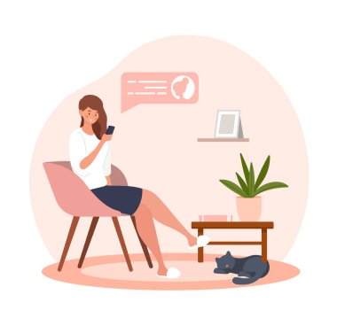 Çevrimiçi eğitim kavramı. Genç kız test ya da muayene sonuçlarını alır. Modern teknolojiler ve dijital dünya. Apartmandaki karakter akıllı telefona bakıyor. Çizgi film düz vektör çizimi