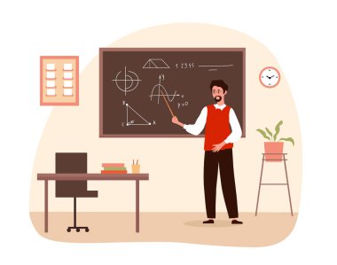 Sınıfta öğretmen. Dürbünlü, eğitimli ve eğitimli genç bir erkek. Ortaokul ve ortaokul. Profesör geometri öğretiyor, ev ödevlerini açıklıyor. Test ya da sınav. Çizgi film düz vektör çizimi
