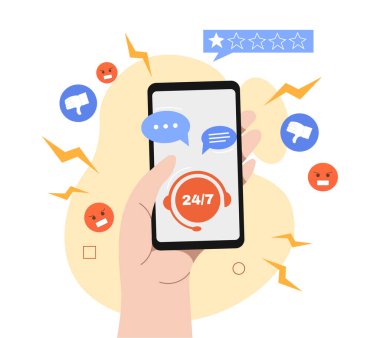 Web yorum konsepti. Akıllı telefonları, modern teknolojileri ve sosyal ağları elinde tutuyor. Dijital dünya ve geri bildirim, popüler blogcu, insanlar uzaktan haberleri tartışıyor. Çizgi film düz vektör çizimi