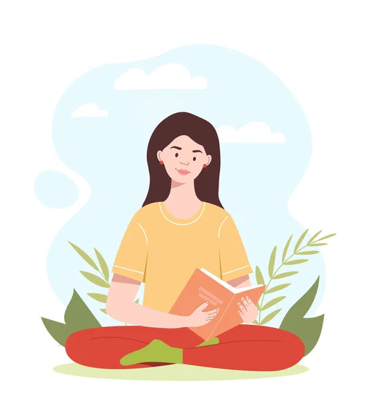 Concept Reading Young Girl Sits Lotus Position Book Her Hands — Stock Vector