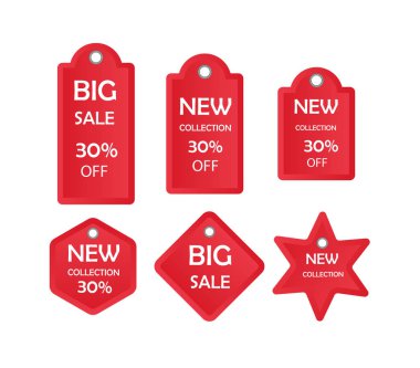 İndirimli etiket. Web sitesi için grafik elementlerin toplanması. Müşteriler için indirimler ve özel teklifler, sezon yardımları, online alışveriş. Beyaz arkaplanda izole edilmiş çizgi film düz vektör çizimleri