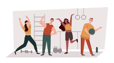 Fitness dans sınıfı konsepti. Genç erkekler ve kadınlar spor yapar, egzersiz yapar ve aktif bir yaşam tarzı sürerler. Beden eğitimi alan bir grup insan. Güçlü karakterler için aerobik. Çizgi film düz vektör çizimi