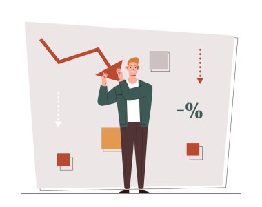 Finansal kriz ya da iflas kavramı. Genç bir girişimci okla yere düşüyor. Ekonomik sorunlar, para kaybı, kar kaybı, yatırım hataları. Çizgi film düz vektör çizimi