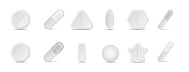 Beyaz ilaç ya da tablet seti. Üç boyutlu ilaç paketi ya da çeşitli şekillerde ilaçlarla dolu. Ağrı kesici ya da iltihap önleyici. Çizgi film gerçekçi vektör koleksiyonu beyaz arkaplanda izole edildi