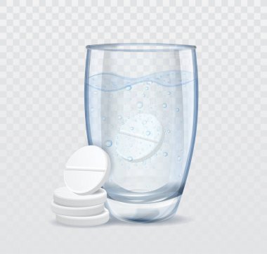 Gazlı su konseptinde çözünen tablet. Çeşitli hastalıkların veya baş ağrılarının tedavisi için kullanılan ilaç çözeltisiyle cam camlar. Köpüklü vitamin çözeltisi. Çizgi film gerçekçi vektör çizimi