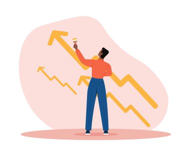 Liderlik ve hedef başarı kavramı. Genç erkek girişimci, olumlu iş büyümesi ve başarılı gelişmeden oluşan uzun bir ok çekiyor. İlerleme ve kâr artışı. Çizgi film düz vektör çizimi