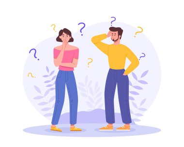 Soru işaretleri olan bir çift. Hayal kırıklığına uğramış erkek ve kadın düşünür, sorar, şüphe eder ve cevaplar arar. Sorunları çözmek ve ilişkilerdeki zorlukları aşmak. Çizgi film düz vektör çizimi