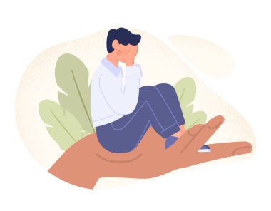 Psikoterapi ve destek konsepti. Genç adam geniş bir kolda oturur ve elleriyle yüzünü kapatır. Psikolojik bozukluk ve akıl hastalıklarıyla mücadelede yardım. Çizgi film düz vektör çizimi