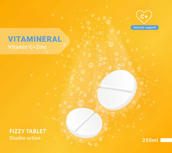 Vitamina Più Zinco Pillole Solubili Concetto Colorato Poster Arancione Con — Vettoriale Stock