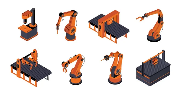 Uppsättning Robothand Klistermärken Med Modern Mekanisk Utrustning För Tillverkning Fabriker — Stock vektor