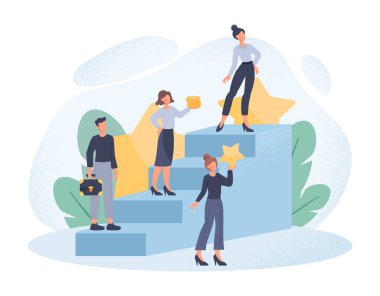 Kariyer gelişimi konsepti. Erkek ve kadın girişimciler kariyer basamaklarını tırmanıyor ve niteliklerini yükseltiyorlar. Üretken ve başarılı çalışanlar veya iş adamları. Çizgi film düz vektör çizimi