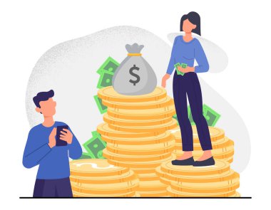 Maaş farkı kavramı. Finansal durumu farklı olan kadın ve erkek. Bir sürü parası olan zengin çalışanla fakir arasındaki fark. Maaşlar. Çizgi film modern düz vektör çizimi