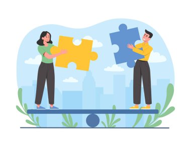 Cinsiyet eşitliği kavramı. Gülümseyen adam ve kadın dengeyi sağlar ve uygun bulmacaların parçalarını tutarlar. Hoşgörü, kadın ve erkek için eşit haklar ve fırsatlar. Çizgi film düz vektör çizimi