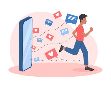 İnternet bildirisine boğulmuş kişi kavramı. Genç adam mesajları, konuşma baloncukları ve sosyal ağları olan akıllı telefonlardan kaçıyor. Çizgi film modern düz vektör çizimi