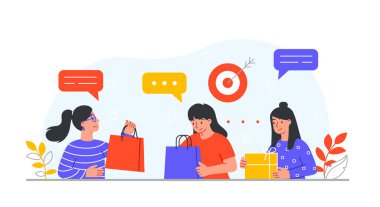 Alışveriş paketleri olan kadınlar. Kız arkadaşlar alışverişlerini, alışverişlerini ve butik ve alışveriş merkezlerindeki karakterleri değerlendirirler. Yetenekli insanlar. Konuşan dostça insanlar. Çizgi film düz vektör çizimi