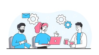 Ofise teslimat var. Çağrı merkezindeki kadın ve erkekler. Dizüstü bilgisayarlı karakterler, modern teknoloji konsepti. Ofis ve takım çalışması, müşterilerle iletişim ve geri bildirim. Çizgi film düz vektör çizimi