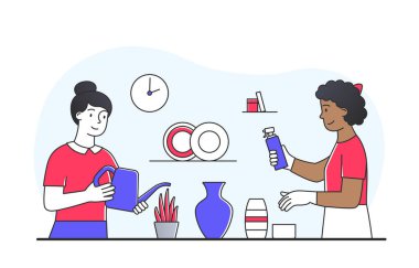 Kızlar daireyi temizler. Ev hanımları mutfakta bulaşık yıkıyor, kız da annesine yardım ediyor. Aile ev işleri ve rutin işlerle meşgul. İnsanlar evlerinin içinde. Çizgi film düz vektör çizimi