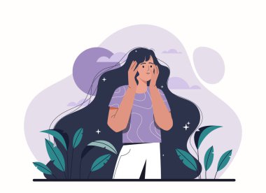 Psikolojik depresyon kavramı. Kız elleriyle yüzünü tutuyor. Acı ve üzüntü, kendini anlamaya çalışan karakter. İç sorunlar ve akıl sağlığı. Çizgi film düz vektör çizimi