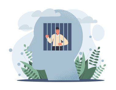 Akıl hapishanesi konsepti. Kafası parmaklıkların arkasında siluetli bir adam. Üzgün adam, depresyon ve iç sorunlar. Üzüntü, keder ve hüsran. Hüzün ve hüsran. Çizgi film düz vektör çizimi