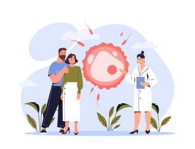 İnsan üremesi ve aile planlaması. Genç bir adam ve kadın hamilelik planlıyor. Doktor çiftlere doğurganlık ve ebeveynlik konusunu açıklıyor. Sperm ve yumurta. Çizgi film düz vektör çizimi