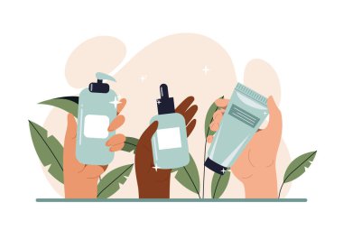 Güzel eller farklı kozmetik ürünleri tutuyor. Kadın avuçlarında nemlendirici, cilt temizleme için jöle ve gençleştirme için serum var. Günlük güzellik rutini. Çizgi film düz vektör çizimi